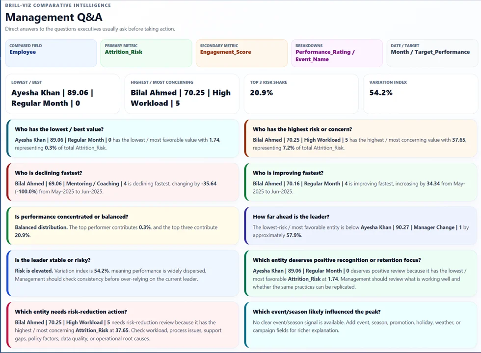 Brill-Viz data analysis software dashboard with management insights and statistical analysis